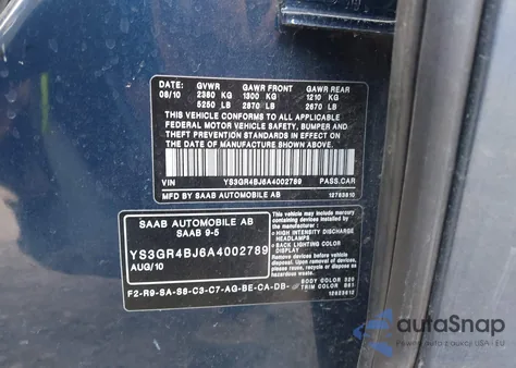 2010 Saab 9-5 Aero z USA, uszkodzony, nr VIN YS3GR4BJ6A4002789